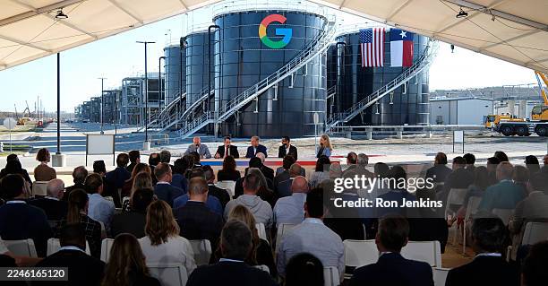 Texas Gov. Greg Abbott and Alphabet and Google CEO Sundar Pichai lead a panel at the Google Midlothian Data Center on November 14, 2025 in...