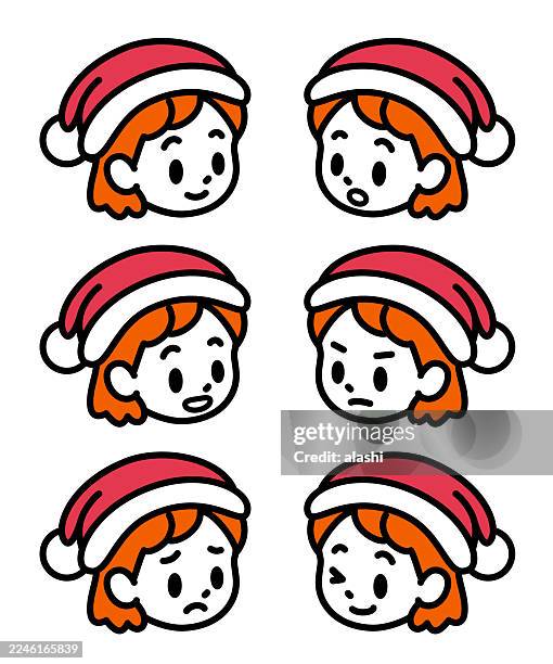 illustrations, cliparts, dessins animés et icônes de collection d’expressions faciales d’une fille du père noël, six émoticônes. vue de face de trois quarts, contour noir avec des couleurs plates, style minimaliste - facial expression (disgust)