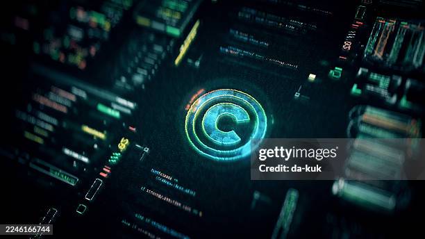 copyright symbol on digital screen background. representing modern digital intellectual property technologies and protection - intellectual property stock pictures, royalty-free photos & images