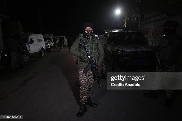 Security forces near the site of explosion in Nowgam area of Srinagar in Jammu and Kashmir, An Indian news agency reported that a powerful blast...