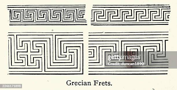 history, architecture, decorative art, grecian frets, pattern, or greek key, vintage illustration, 19th century, victorian - ancient greece stock illustrations