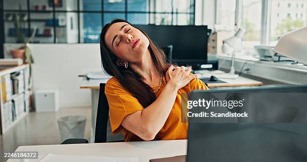 business, woman and laptop with neck pain in office from bad posture, muscle injury and website update. discomfort, female person and shoulder strain of it pressure, employee burnout and inflammation - sprain stock pictures, royalty-free photos & images