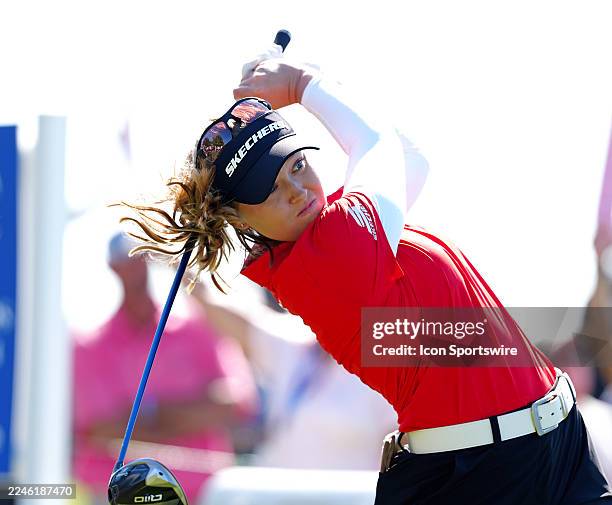Golfer Brooke Henderson plays her tee shot on the 18th hole during The Annika driven by Gainbridge at Pelican on November 14 at the Pelican Golf Club...