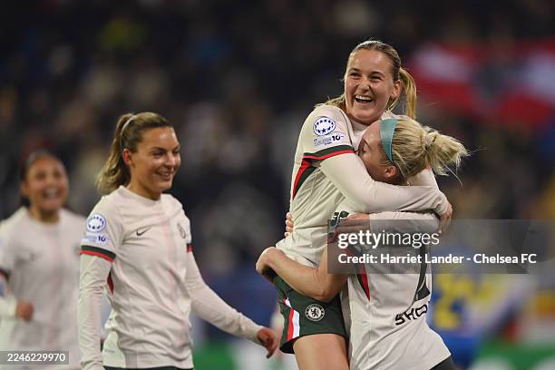 Wieke Kaptein of Chelsea celebrates with teammate Ellie Carpenter after scoring her team's first goal during the UEFA Women's Champions League...