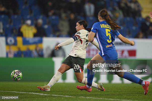 Sam Kerr of Chelsea scores her team's fourth goal during the UEFA Women's Champions League 2025/26 league phase match between SKN St.Pölten and...