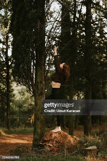 a woman peacefully meditating on a rock in the middle of nature. - lotus position stock pictures, royalty-free photos & images