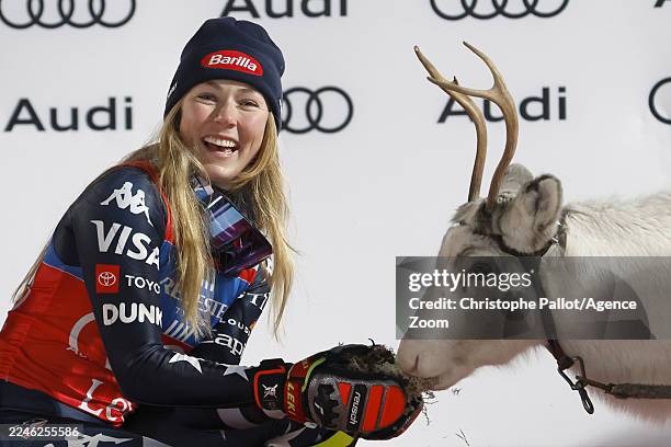 Mikaela Shiffrin of Team United States takes 1st place and he won a reindeer during the Audi FIS Alpine Ski World Cup Women's Slalom on November 15,...