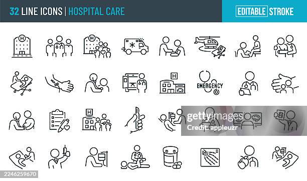 thin line icons für die medizinische versorgung im krankenhaus - bearbeitbarer strich - allgemeinarztpraxis stock-grafiken, -clipart, -cartoons und -symbole