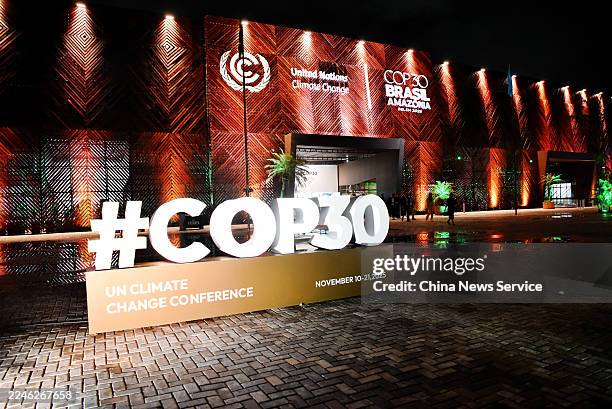 Sign is seen outside the venue of the 30th UN Climate Change Conference on November 10, 2025 in Belem, Brazil. On November 10, the "China Pavilion"...