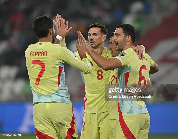 Mikel Oyarzabal of Spain celebrates his goal with Ferran Torres, Fabian Ruiz and Mikel Merino of Spain during the FIFA World Cup 2026 qualifier match...