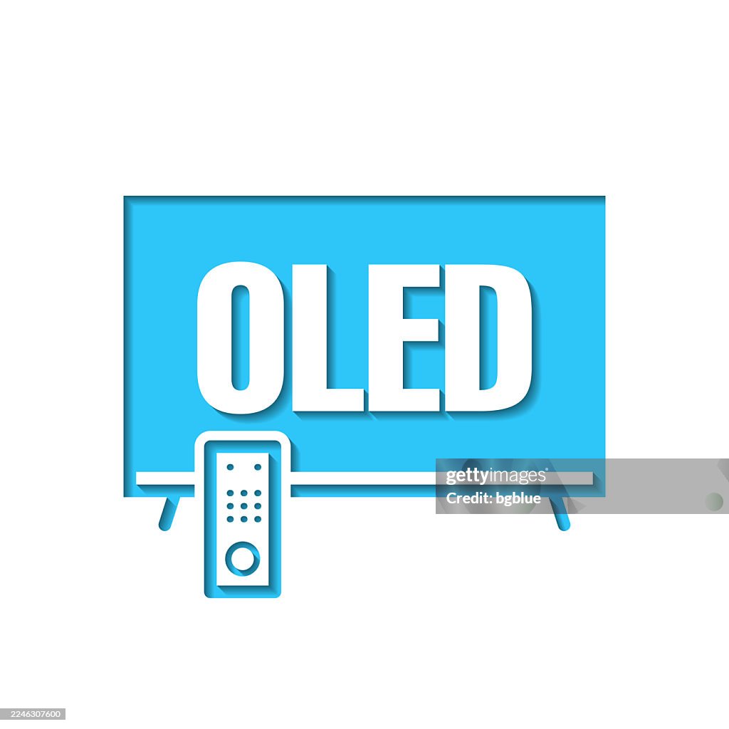 OLED-Fernseher. Symbol ausgeschnitten auf weißem Papier mit blauem Hintergrund