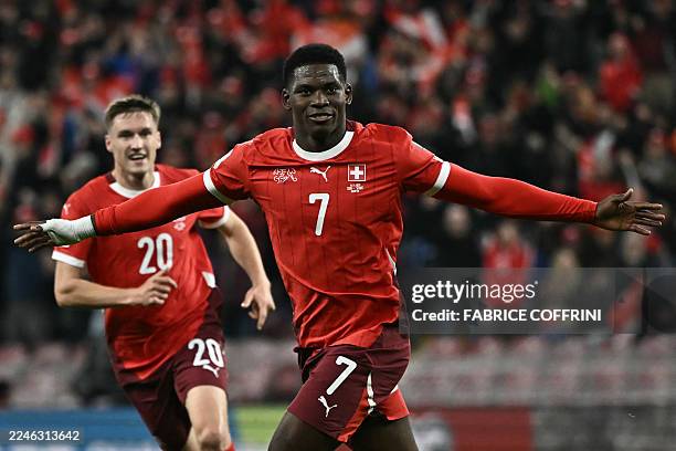 Switzerland's forward Breel Embolo celebrates after scoring his team's first goal during the FIFA World Cup 2026 Group B European qualification...
