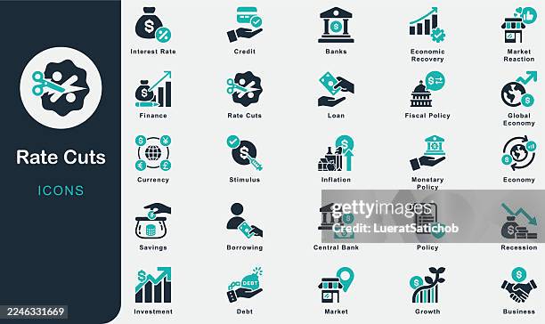 rate cuts solid icons collection.containing interest rate, monetary policy, bank, inflation, economy, loan, banks, market, growth, investment, finance, business, credit, recession, borrowing, saving - interest rate stock illustrations