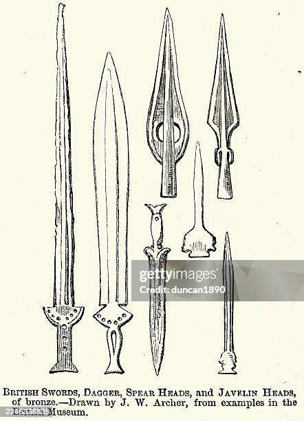ancient british weapons, swords, dagger, spear heads, javelin heads of bronze, vintage illustration, 19th century, victorian - spear stock illustrations