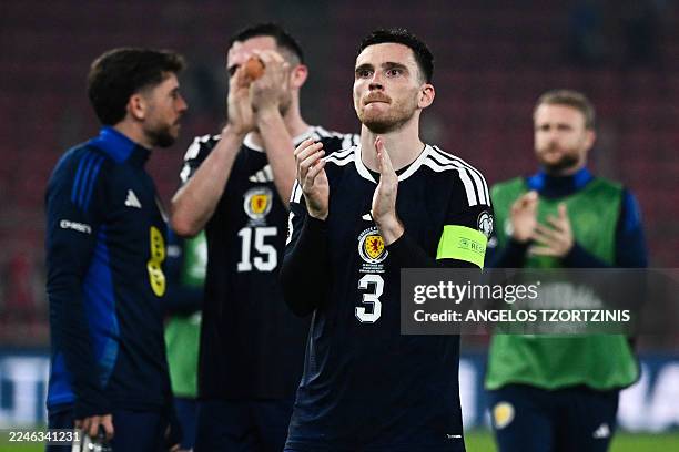 Scotland's defender and captain Andrew Robertson acknowledges the fans at the end of the FIFA World Cup 2026 Group C European qualification football...