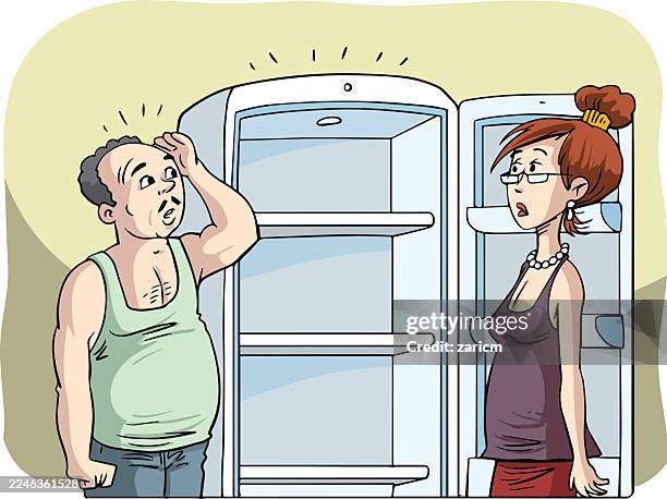 a man and a woman in front of an empty refrigerator - modern kitchen couple stock illustrations