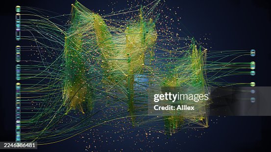 Complex Neural Network Visualization With Green And Yellow Web Of Connections And Data Nodes Complex Neural Network Visualization With Green And Yellow Web Of Connections And Data Nodes