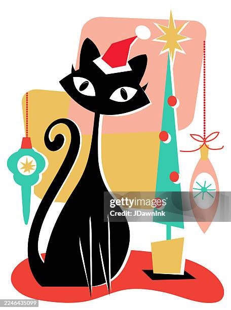 vintage merry christmas greeting in retro mcm mid century style cute black kitty cat and hanging tree ornaments - cat hanging stock illustrations