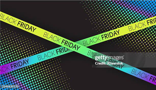 black friday sale web banner design template with holographic half tone gradient and barricade caution tape with black friday text - caution tape background stock illustrations