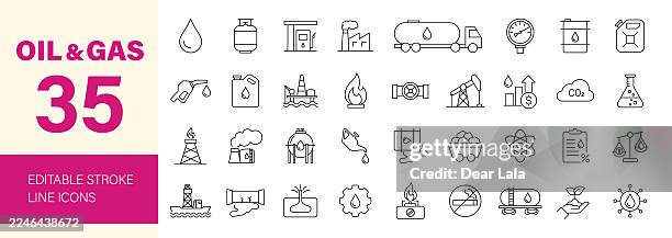 ilustraciones, imágenes clip art, dibujos animados e iconos de stock de conjunto de iconos editables de líneas de petróleo y gas. - lubricación