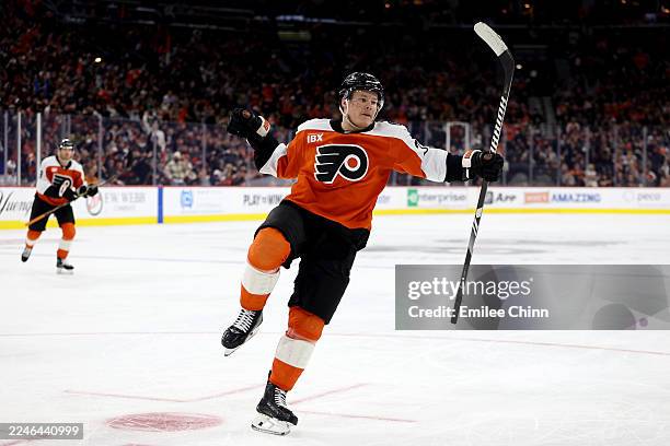 Matvei Michkov of the Philadelphia Flyers celebrates after scoring a power-play goal during the second period of a game against the Edmonton Oilers...