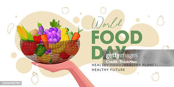 illustrations, cliparts, dessins animés et icônes de affiche de la journée mondiale de l’alimentation - coupe à fruits