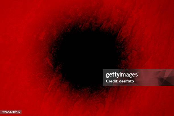 blank empty cracked damaged old weathered spooky red and black background with bullet hole damage for concepts of war, aggression, battle, battlefield blackhole, scary halloween backdrop with one circular hole, run down old textured surface - split down the middle stock illustrations