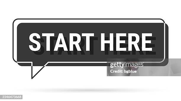 start here - 3d black speech bubble on white background - voice activated stock illustrations