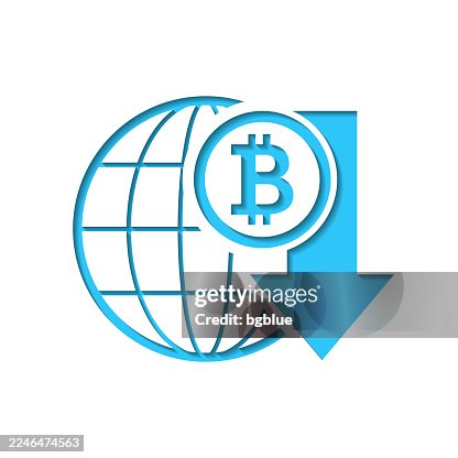 Bitcoin rate decrease. Icon cut out on white paper with blue background Bitcoin rate decrease. Icon cut out on white paper with blue background