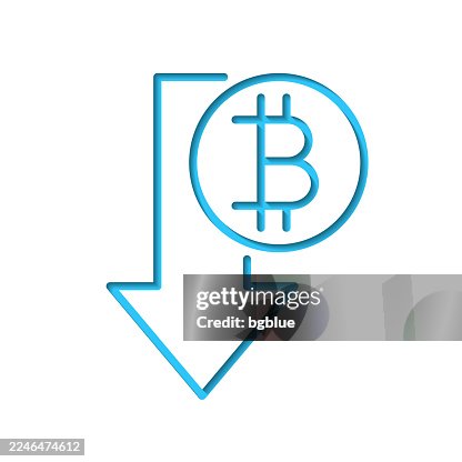 Bitcoin decrease. Icon cut out on white paper with blue background Bitcoin decrease. Icon cut out on white paper with blue background