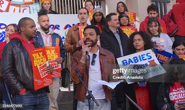 New York City Democratic Socialists hold a rally in Union Square marking the start of a campaign to tax the rich and win universal childcare on...