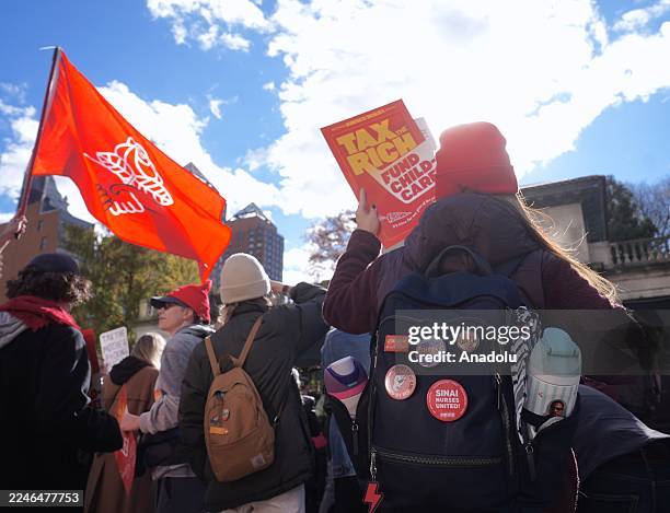 New York City Democratic Socialists hold a rally in Union Square marking the start of a campaign to tax the rich and win universal childcare on...