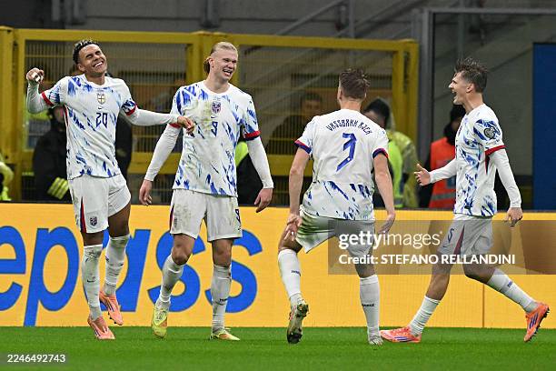 Norway's captain Erling Braut Haaland celebrates scoring his team's second goal with teammates during the FIFA World Cup 2026 European qualification...