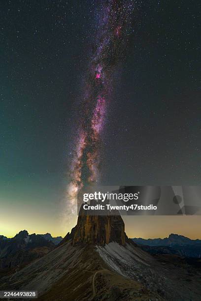 milky way over tre cime di lavaredo in the dolomites, south tyrol, italy. - nebula stock pictures, royalty-free photos & images