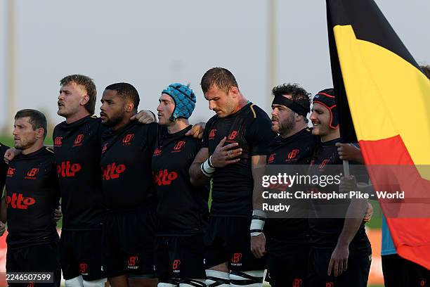 Players of Brazil sing their national anthem prior to the Men's Rugby World Cup 2027 Final Qualification Tournament match between Belgium and Brazil...