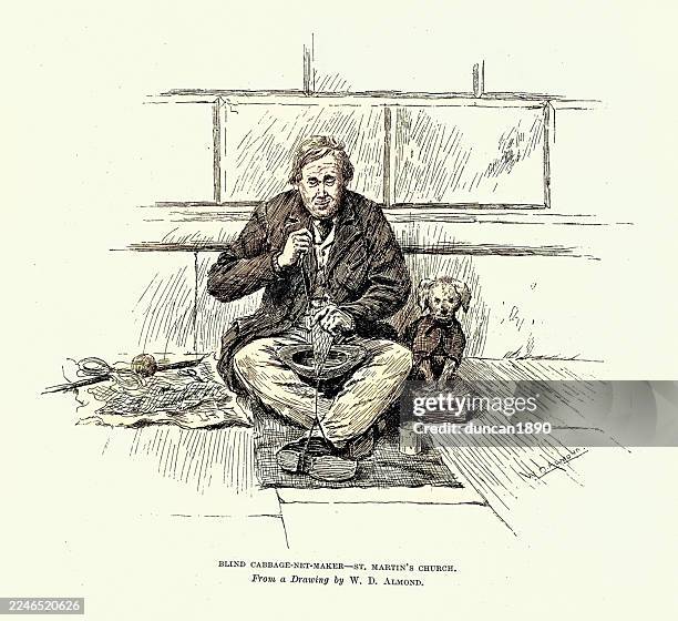 ilustrações de stock, clip art, desenhos animados e ícones de blind cabbage net maker and his dog, st martin's church, sketches of london street life, vintage illustration, 19th century 1880s - cegueira