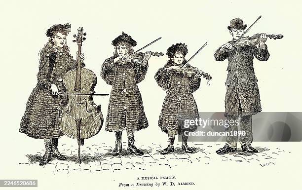 children busking, playing violin and cello, sketches of london street life, vintage illustration, 19th century 1880s - art and craft product stock illustrations