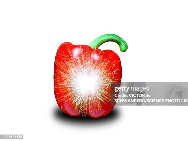 food energy, conceptual composite image - green pepper white background stock illustrations