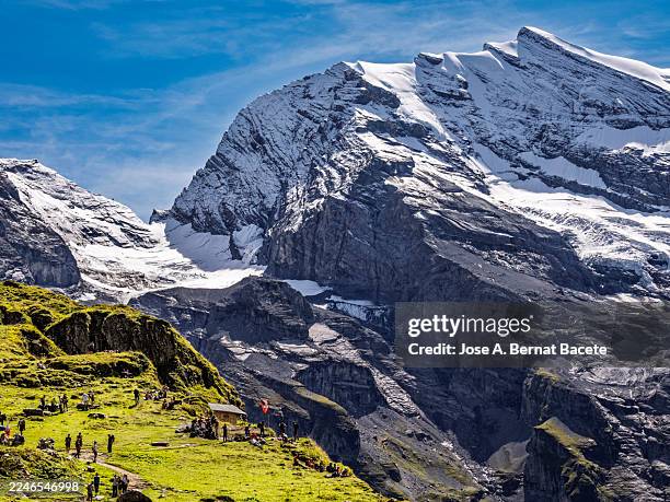 high mountain landscape in the swiss alps with a viewpoint and people enjoying a day in nature. - lac-oeschinensee photos et images de collection