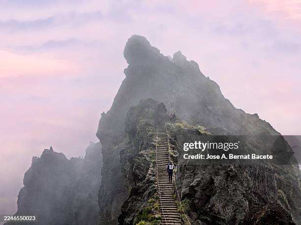 mountainous landscape shrouded in mist, people walking along a challenging path with steps between ravines leading to a viewpoint. pico ruivo, madeira. - paisaje espectacular fotografías e imágenes de stock