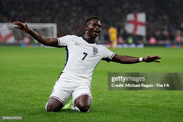 Bukayo Saka of England celebrates scoring his team's first goal during the FIFA World Cup 2026 qualifier match between England and Serbia at Wembley...