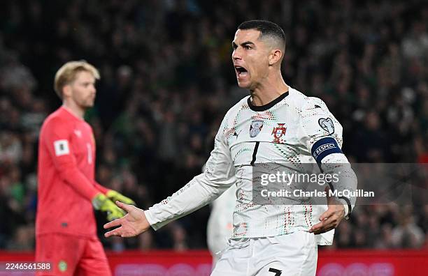 Cristiano Ronaldo of Portugal reacts during the FIFA World Cup 2026 qualifier match between Republic of Ireland and Portugal at Aviva Stadium on...