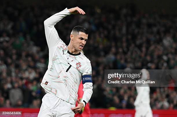 Cristiano Ronaldo of Portugal reacts during the FIFA World Cup 2026 qualifier match between Republic of Ireland and Portugal at Aviva Stadium on...