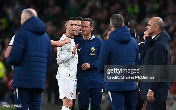 Cristiano Ronaldo of Portugal reacts after being shown a red card following a VAR review during the FIFA World Cup 2026 qualifier match between...