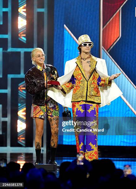 Paco Amoroso and Ca7riel accept the award for Best Pop Song for "El Día del Amigo" during the 26th Annual Latin GRAMMY Awards Premiere Ceremony at...