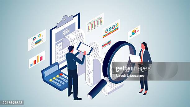 market research, data analysis, statistical reports summaries and studies. isometric view traders analyze data charts on clipboards - information equipment stock illustrations