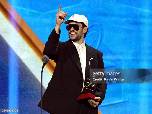 Bad Bunny accepts the Best Urban Song award for "LA MuDANZA" onstage during the 26th Annual Latin Grammy Awards at the MGM Grand Garden Arena on...