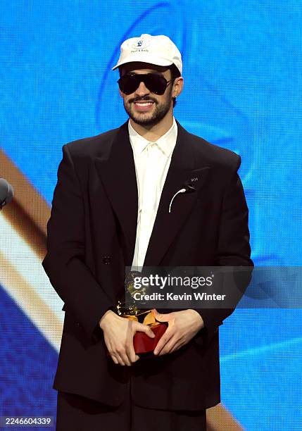 Bad Bunny accepts the Best Urban Song award for "LA MuDANZA" onstage during the 26th Annual Latin Grammy Awards at the MGM Grand Garden Arena on...