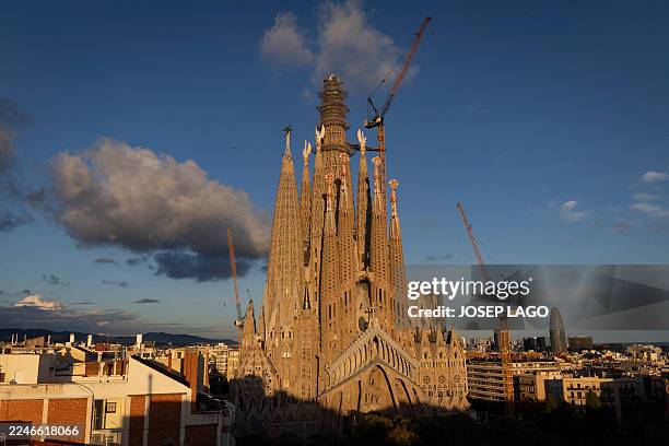 Picture taken on November 17, 2025 shows a view the Sagrada Familia basilica, designed by the Spanish architect Antoni Gaudi, in Barcelona. The...