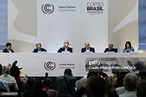Brazil's Secretary for Climate, Energy and Environment at the Foreign Ministry Mauricio Lyrio; COP30 President Andre Correa do Lago; Brazil's Vice...